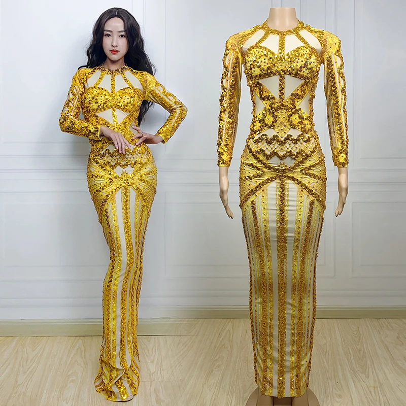 

2023 New Gold Sequins Prom Long Sleeve Dress Women Party Clothing Singer Performance Stage Costume Drag Queen Outfit VDB6983