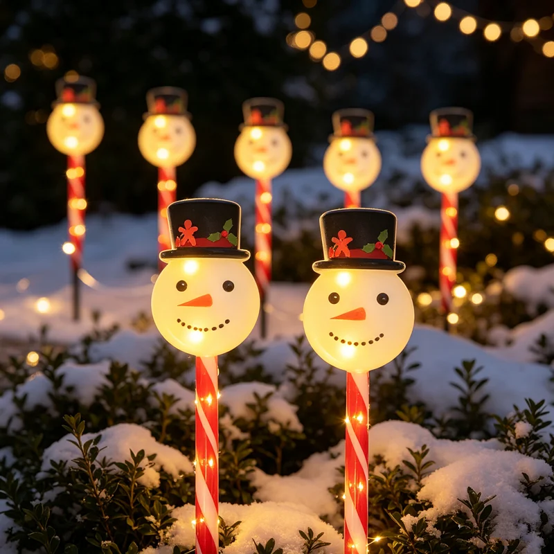 Christmas Snowman Pathway Stake Lights, Warm White LED Candy Cane Ground Stake Lamps, Waterproof Outdoor Garden Yard Lawn Xmas