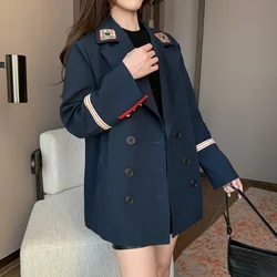 Women's Double Breasted Casual Fashion Suit Jacket, Autumn Korean Loose Fitting Long Sleeved Embroidery