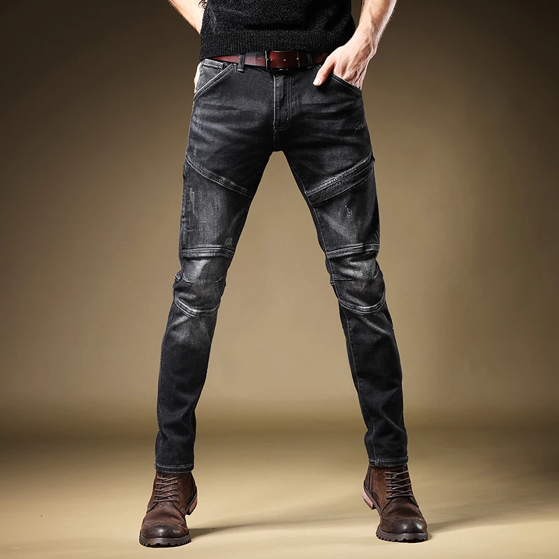 

American High-End Motorcycle Jeans Men's Trendy Brand Autumn Street Slim Fit Trending Splicing Bla Jeans Long Pants for Men