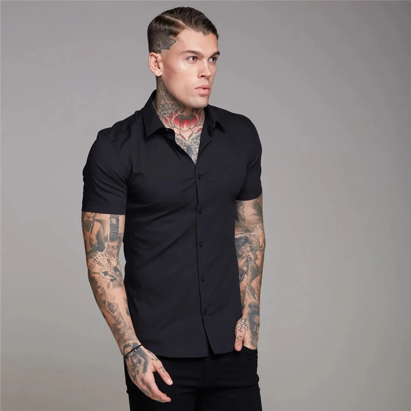 

Summer Men's business casual plain button up Shirt simple Handsome Top fashion Trend Short-sleeve Turn-down Collar