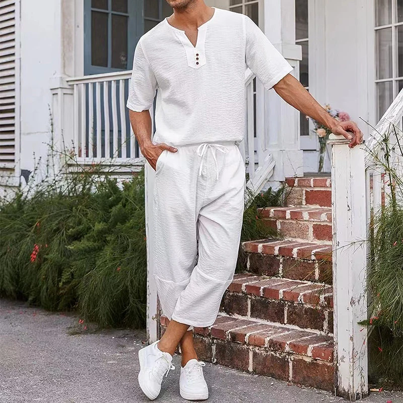 

2024 Summer Leisure Mens Two Piece Sets Solid Color Loose Suits Men Casual Short-sleeved V Neck T Shirts And Pants Mens Outfits