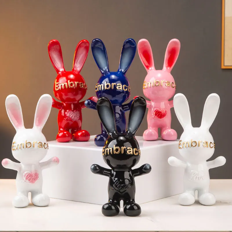 Tabletop Rabbit Decoration Long-eared Rabbit Figures Cartoon Resin Crafts Gift for Girl Entrance TV Cabinet Room Decor