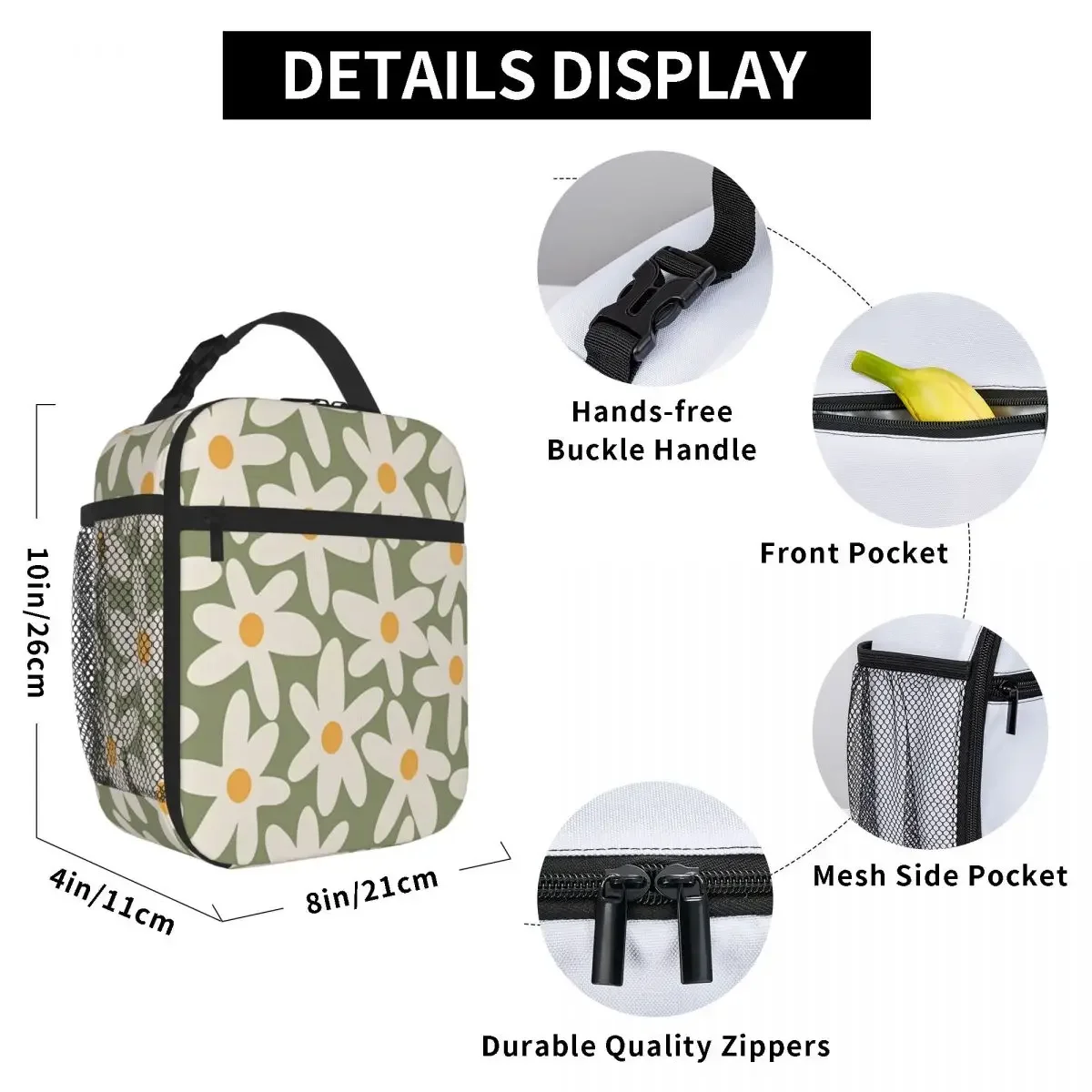 Bestselling Daisy Time Retro Flower Pattern Sage Green Beige Fruit Print Insulated Snack Tote Seaside Lunch Thermal Tote