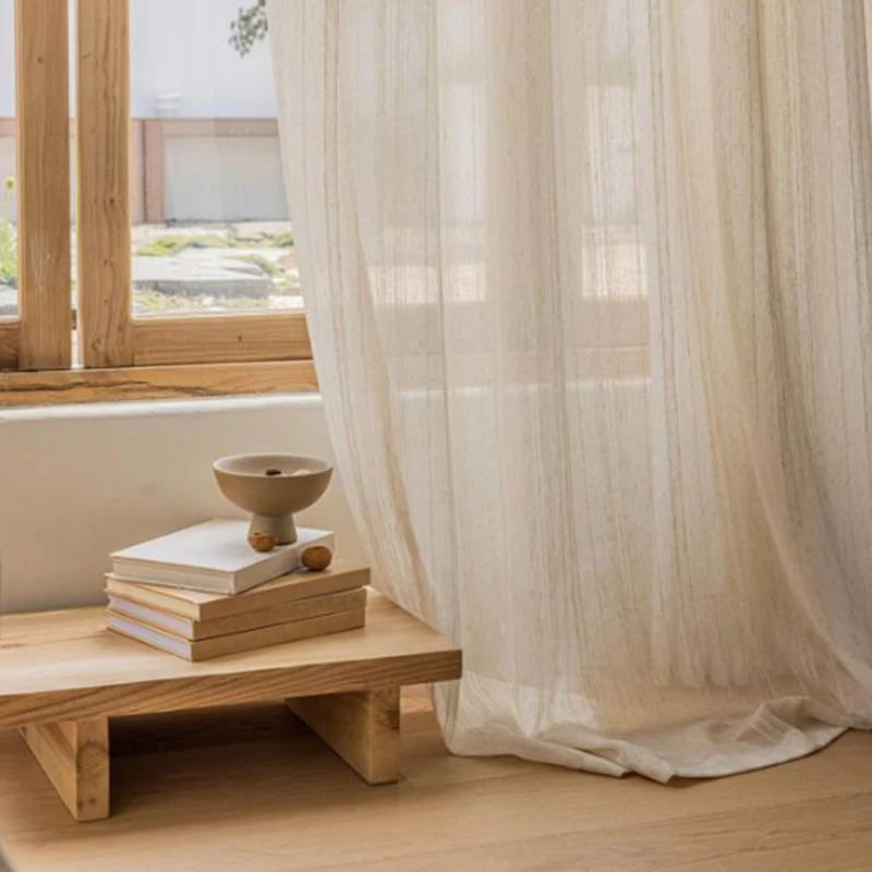 Striped Linen Gauze Curtains, Living Room And Bedroom Gauze Curtains, 2 Panles