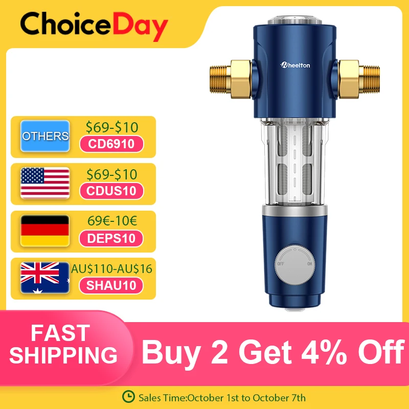 

WHEELTON Фильтр для воды для всего дома, система осада, предварительный фильтр, автоматически вращающийся смывной двухсторонний скребок 1/2 дюйма, 3/4 дюйма и 1 дюйм