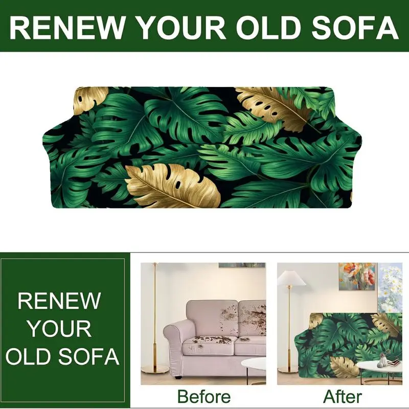 Sofa cover Tropical green leaf gold leaf pattern integrated sofa cover Elastic furniture protective cover