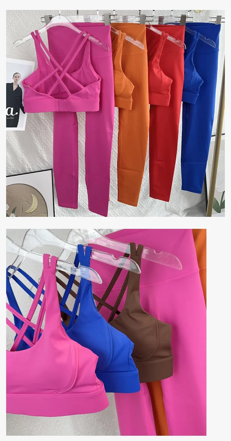 Einfarbiges Damen-Gym-Yoga-Set, sexy Rückenfreier BH mit verstellbaren Schnallen, hochtaillierte, hüfthebende Leggings, bequeme Trainingssets – Detail 11
