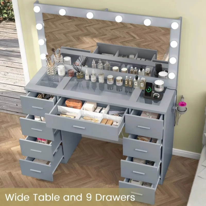 custom.Bedroom Makeup Table Modern Woman Dressing Table With Lighted Mirror 3 Color Lighting Modes Brightness Adjustable