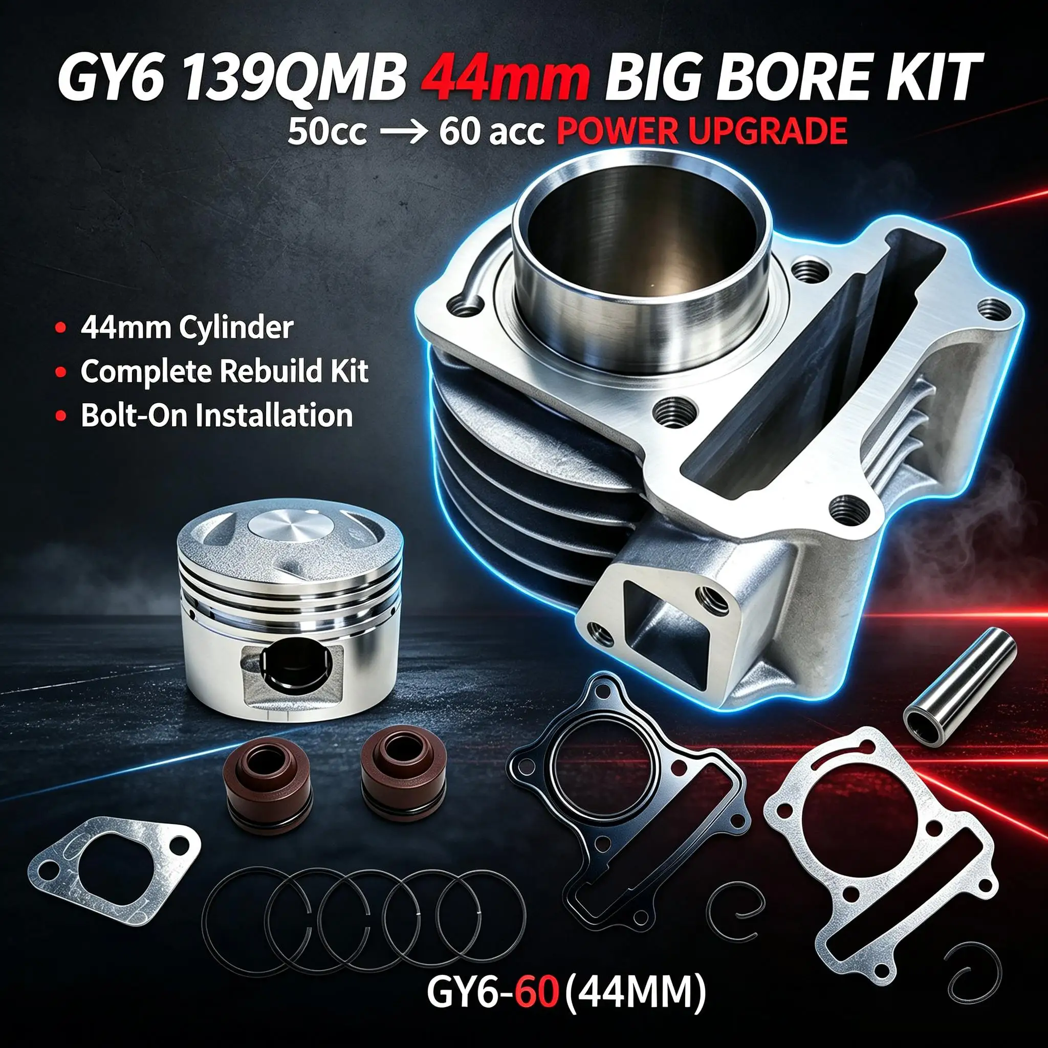 ATV Big Bore 44mm Cylinder Piston Rings Kit – GY6 139QMB 60cc Top End Rebuild for Scooter Moped