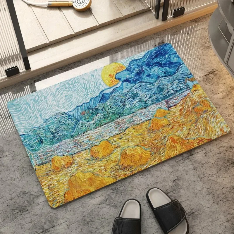 Van Gogh Starry Moon Night Oil Painting Flannel Mat Bathroom Floor Mat Bathroom Home Absorbent Non-slip Carpet