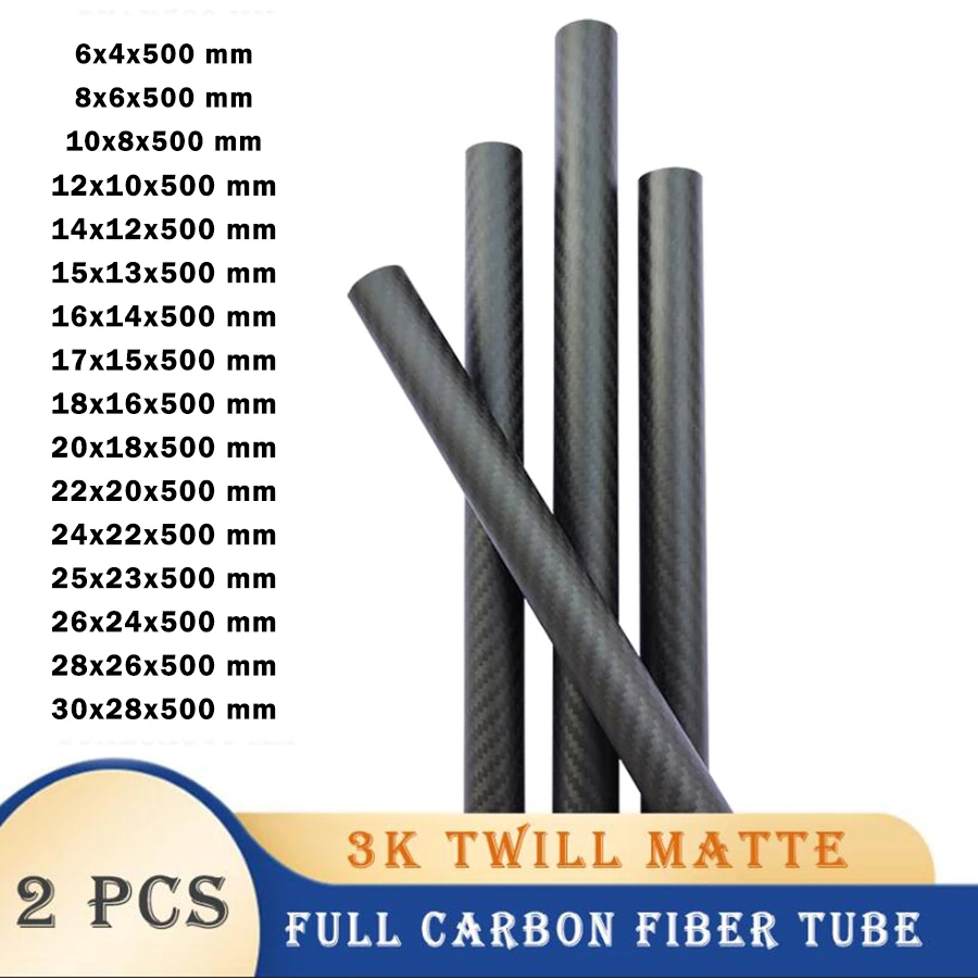 2Pcs 3K Full Carbon Fiber Tube Twill Matte High Composite Hardness DIY Japan Material Pipe Length 500mm RC Airplane Accessories