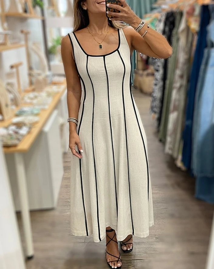 Women's Urban Dress 2024 Spring/summer Latest Casual U-Neck Striped Contrast Binding Sleeveless Maxi A Line Dress Long Skirt