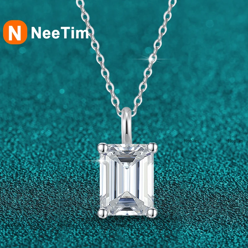 

NeeTim 1ct 2ct 3ct 4ct Изумрудная огранка Муассанит Ожерелье для женщин S925 Серебро с белым позолоченным ожерельем Цепочка