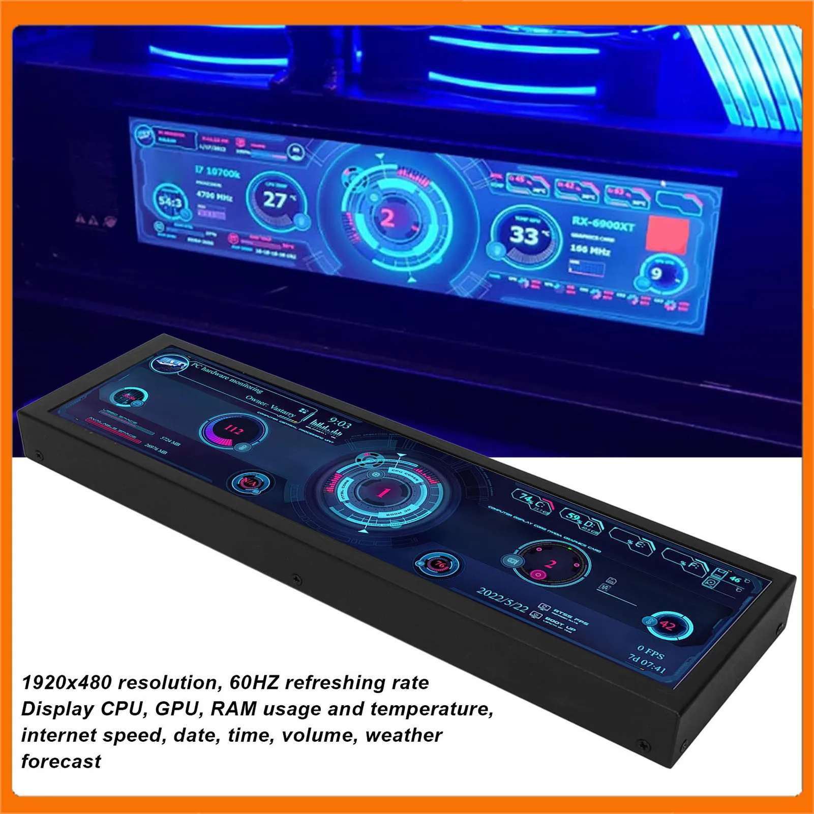 الهيكل الفرعي عرض درجة الحرارة عرض 8.8 بوصة عرض 360 درجة دوران 1920x480 60 هرتز وحدة المعالجة المركزية GPU SSD البيانات للكمبيوتر