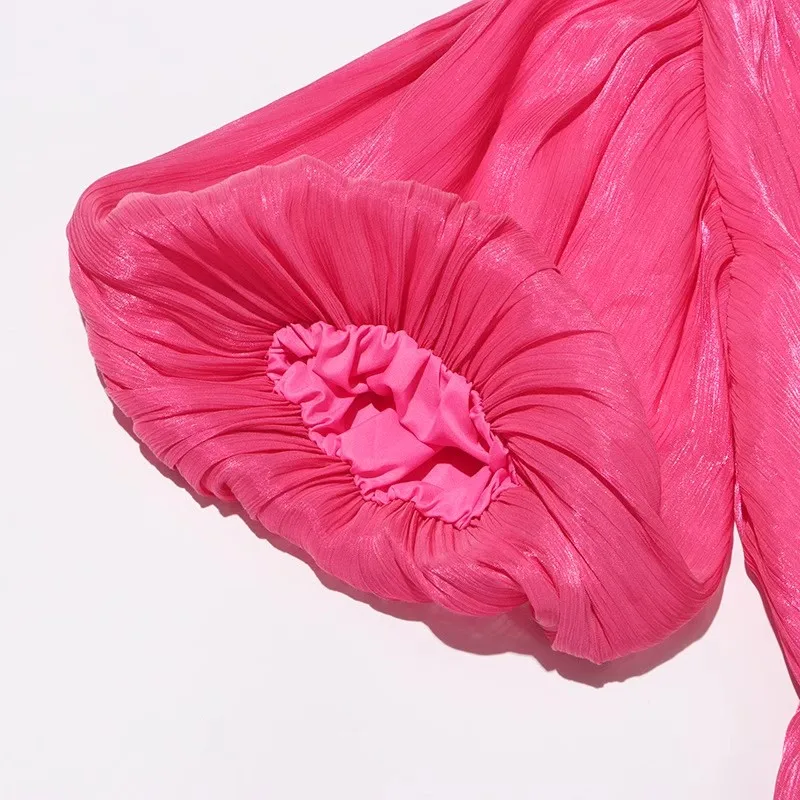 Franse Luxe Plooien Bruiloft Formele Gelegenheid Jurk Dames V-Hals Poff Mouw Riem Hoge Split Geplooide Glans Gewaad Kleding Vakantie