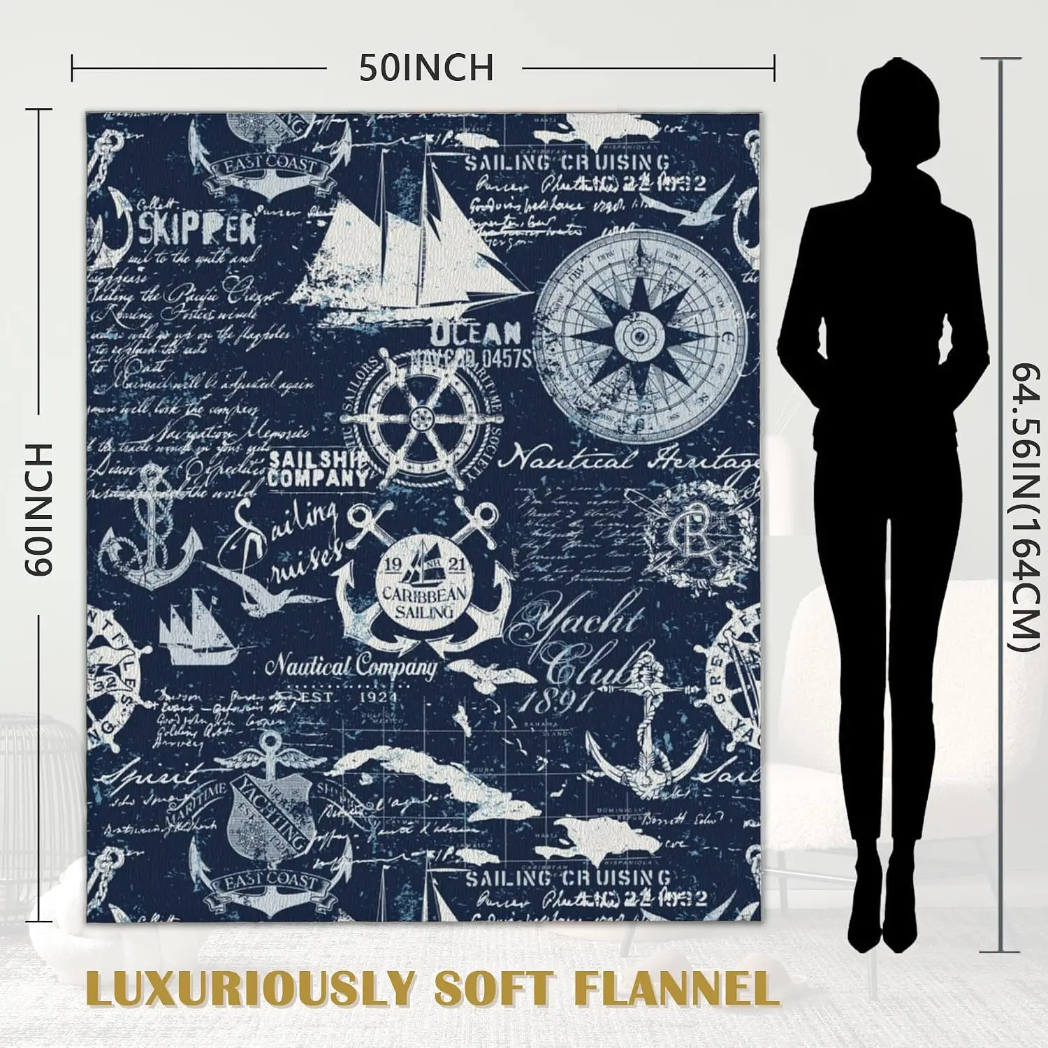 Vintage Nautical Sailboat Compass Anchor Script Print Flannel Blanket Soft Throw For Sofa Bedroom Indoor Daily Home Decor Gift