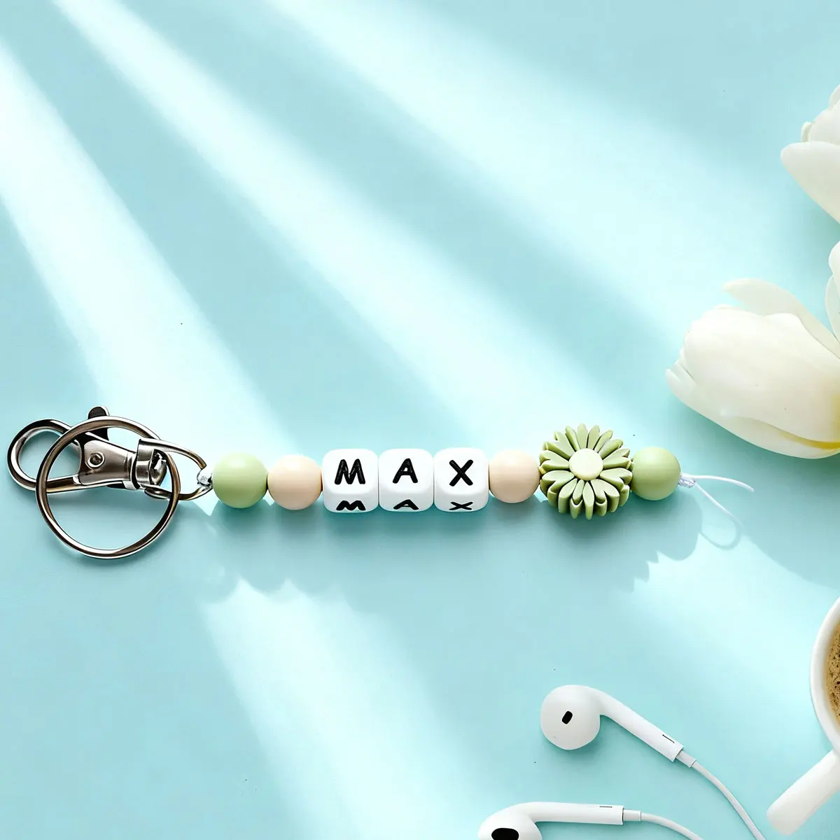 Personalized Custom Daisy Silicone Keychain, Beaded Bag Charm