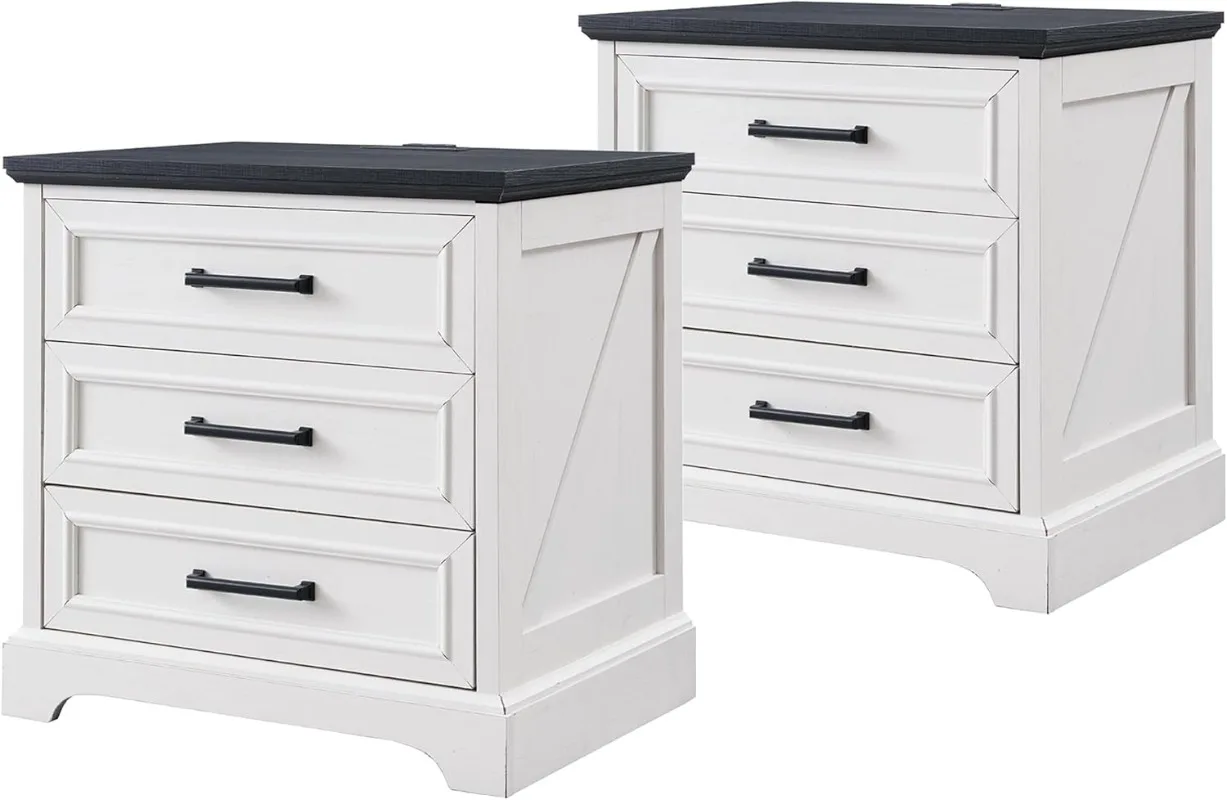 ACCOHOHO Farmhouse Nightstands Set of  22 Inch Wide End Table with Charging Station & 3 Large Drawers Rustic Wood Small Dresser