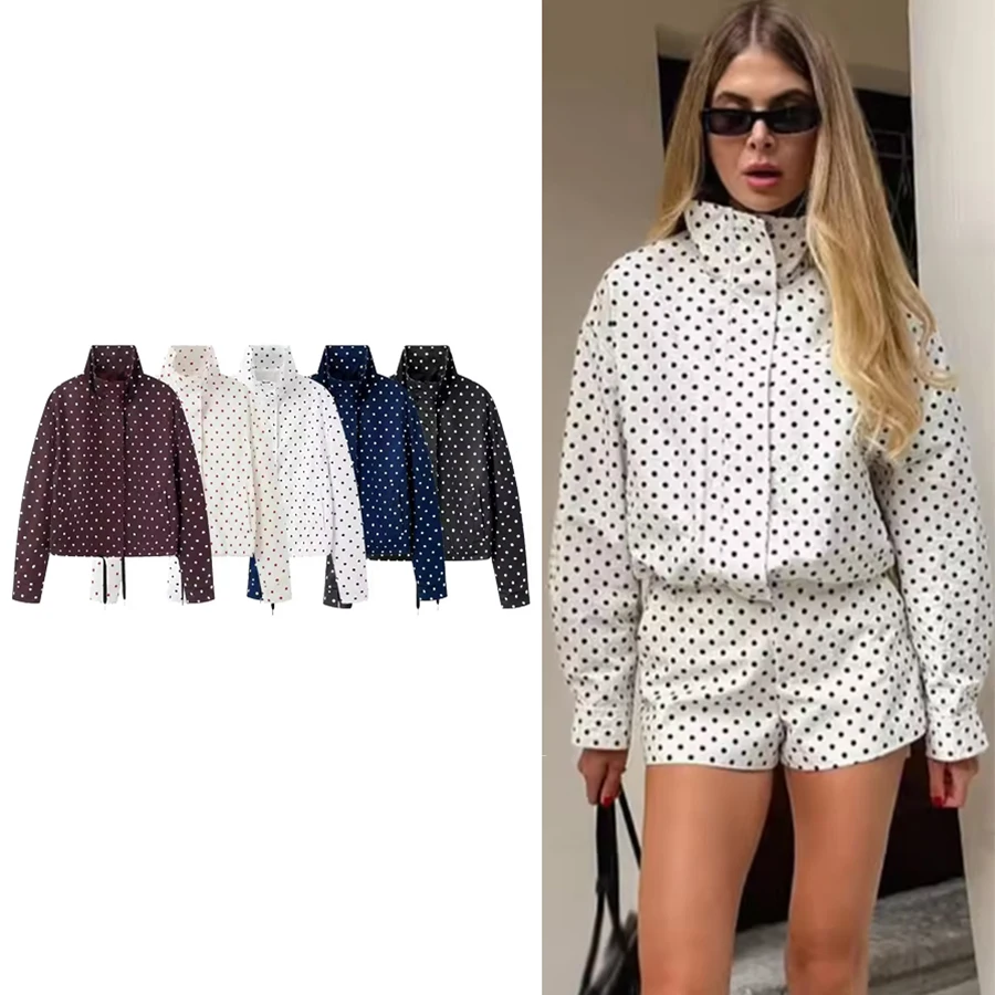 

Women Polka Dot Print Short Coats Women's High Street Long Sleeve Jackets Female 2026 Elegant Office Ladies Casual Outerwear