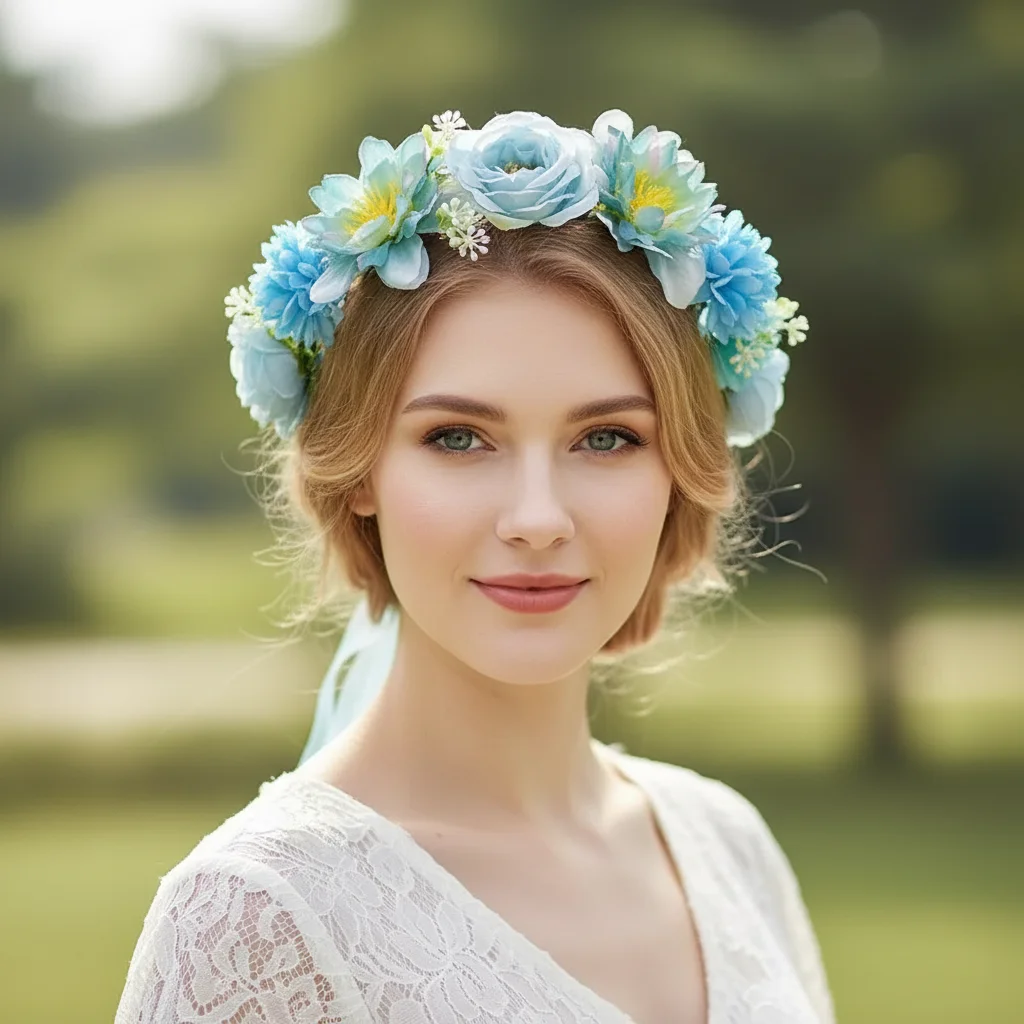 Fascinating Artificial Flower Fairy Flower Crown Bride Wedding Headpiece Flower Headbands with Ribbon Braided Wreath