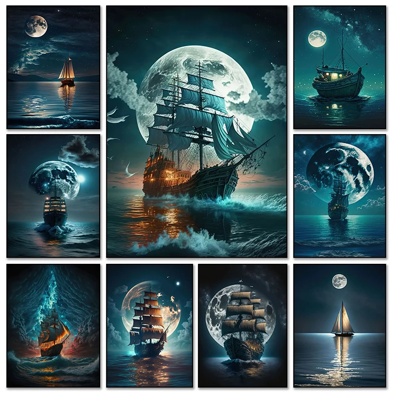 Home Decor Nautical - ภาพพิมพ์บนผืนผ้าใบลายเรือโจรสลัด ภาพเรือไวกิ้งในทะเลสีฟ้าในคืนพระจันทร์เต็มดวง สำหรับตกแต่งห้องนั่งเล่นและบ้าน G
