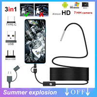 6Lamps 7mm Sewer Industrial Endoscope Piping Endoscopy Type C Flexible Snake Mini Camera 3 in 1 Automotive Borescope for Android