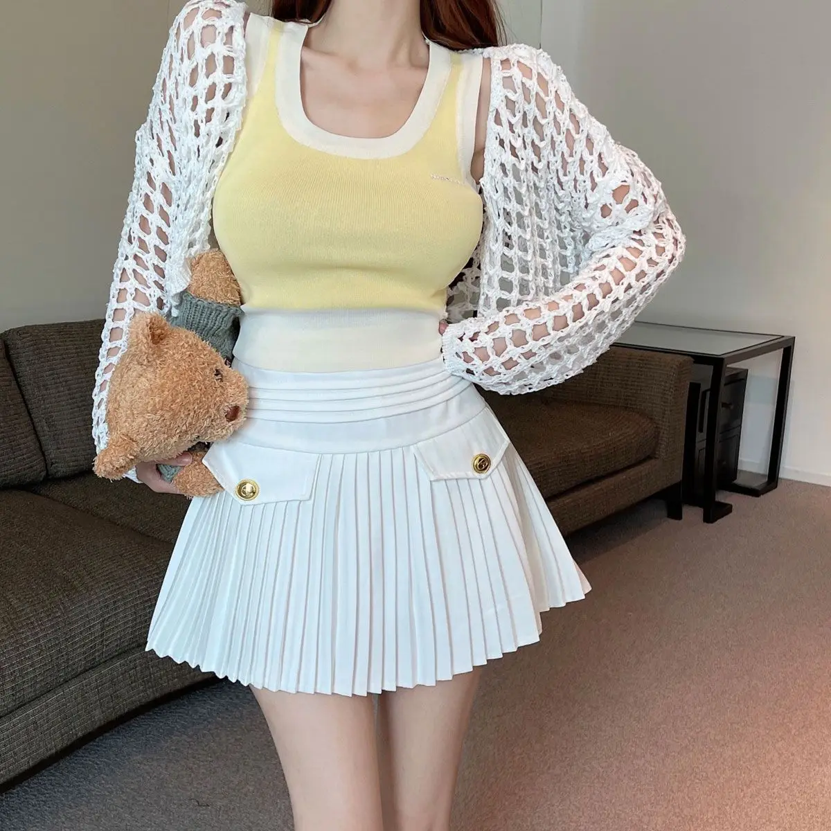 Two-piece Suit Knitted Cropped Pink Cardigan Sling Sets Women Y2k Clothing Streetwear Spring Summer Kawaii Korean Chic Crop Tops