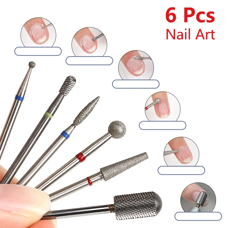 6Pcs Set Diamond Milling Cutter For Manicure Pedicure Nail Drill Bit Foot Cuticle Clean Tool Nail File Grinding Head Accessories