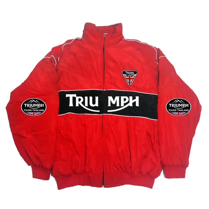 Triumph Racing Jacket Men Red Black Color Block Windproof Bomber Jacket Stand Collar Full Zip Motorbike Rider Coat Streetwear Ou