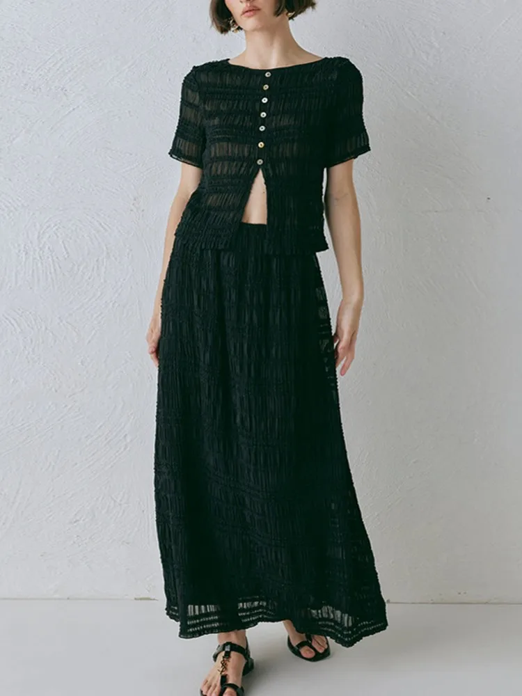 

Women Sets Two Piece Set O-Neck Short Sleeve Top And Elegant Pleated Long Skirt High Streetwear Casual Beach Suit 2025 Summer