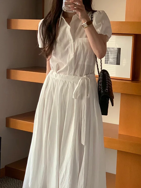 High Quali Loose Bubble Sve ort Dr irt Long Pleated Skirt Maxi Dr Commute Sle Artificial Silk Spring Dr