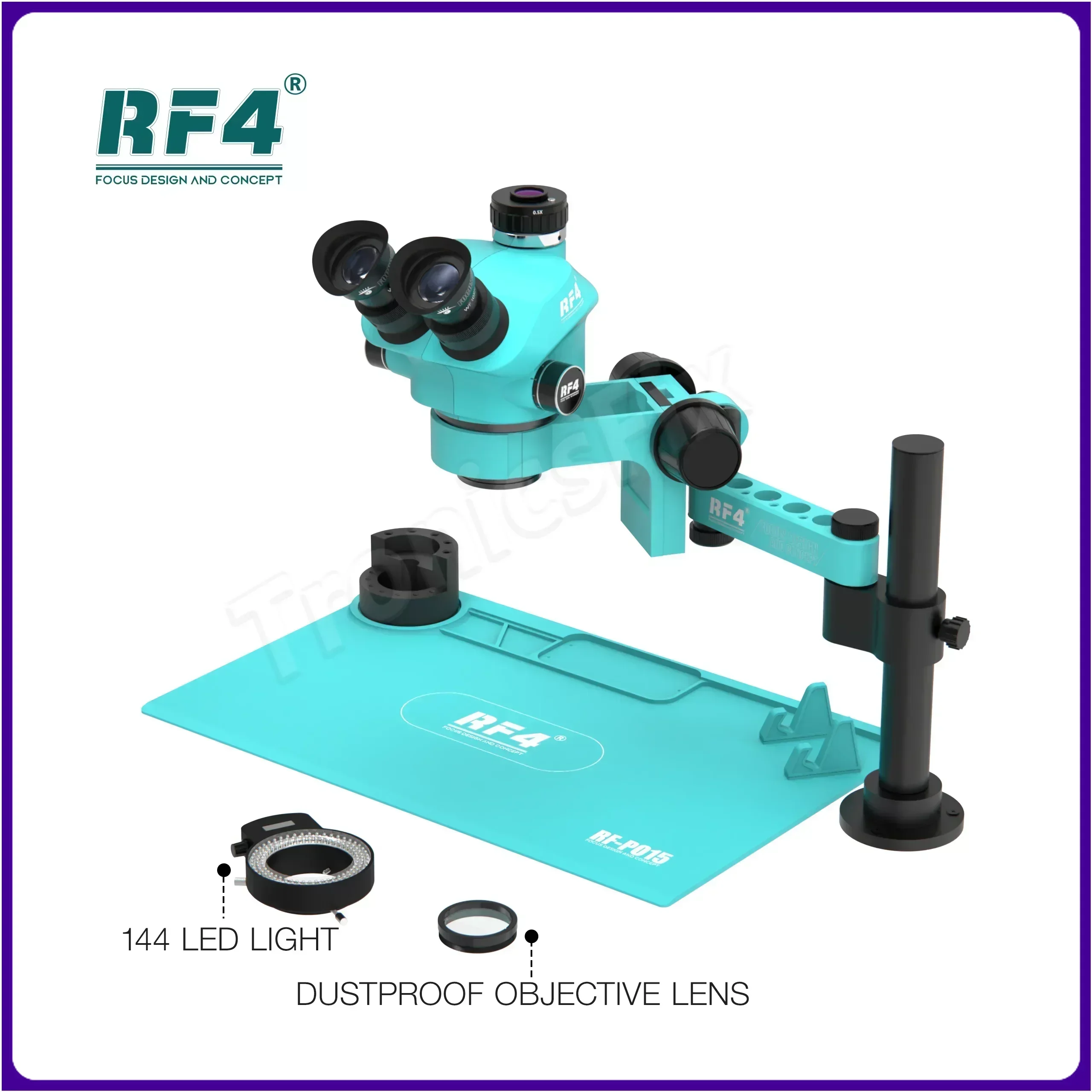 RF4 RF-7050PRO-FO19 360° Adjustable Universal Telescopic Rotating Lifting Trinocular Microscope with Silicone Pad for PCB Repair