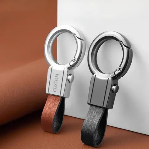 Laser Customized Logo High-end Car Metal Leather Keychain Waist Hanging Personalized Name Keychain Engrave Number Key Chain Ring