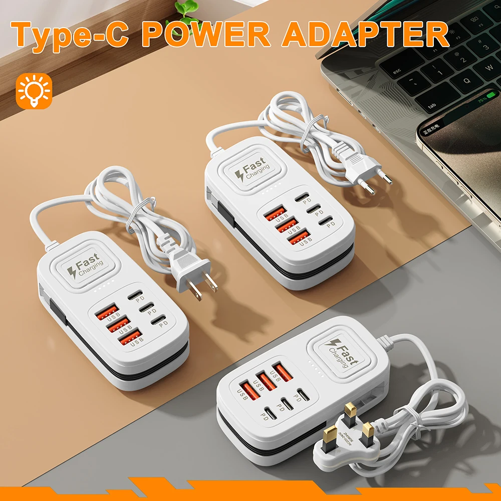 6 in 1 USB C Charger Socket Type C Fast Charging Phone Charger Power Strip For iPhone Samsung Xiaomi EU/US/UK Plug Wall Adapter