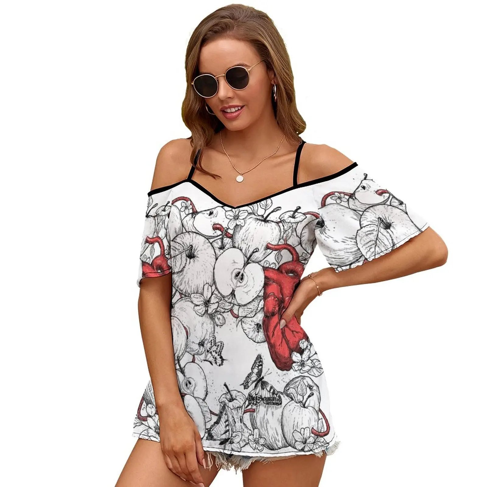 Coronary Apples Print O-Neck Off-The-Shoulder Top Short-Sleeved T-Shirt Ladies Streetwear Apples Heart Artery Valentines Day