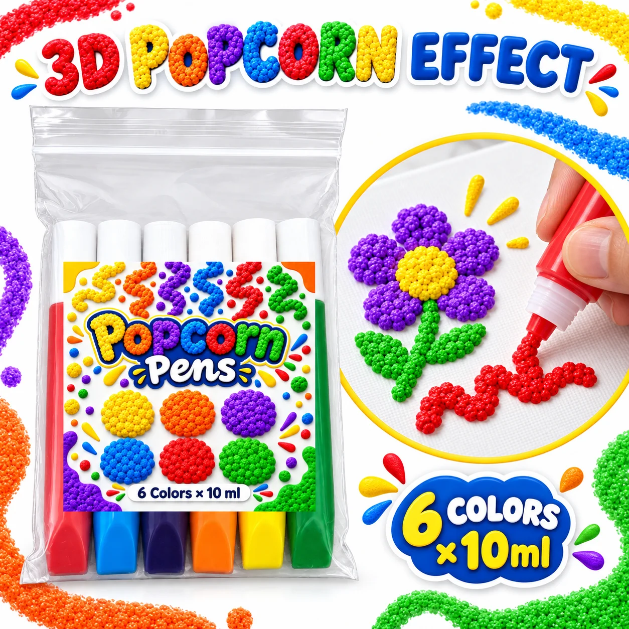 6pcs Popcorn Pens Halloween Magic Color Painting Brushes Multi-Surface Craft Supplies for Art And Scrapbooking