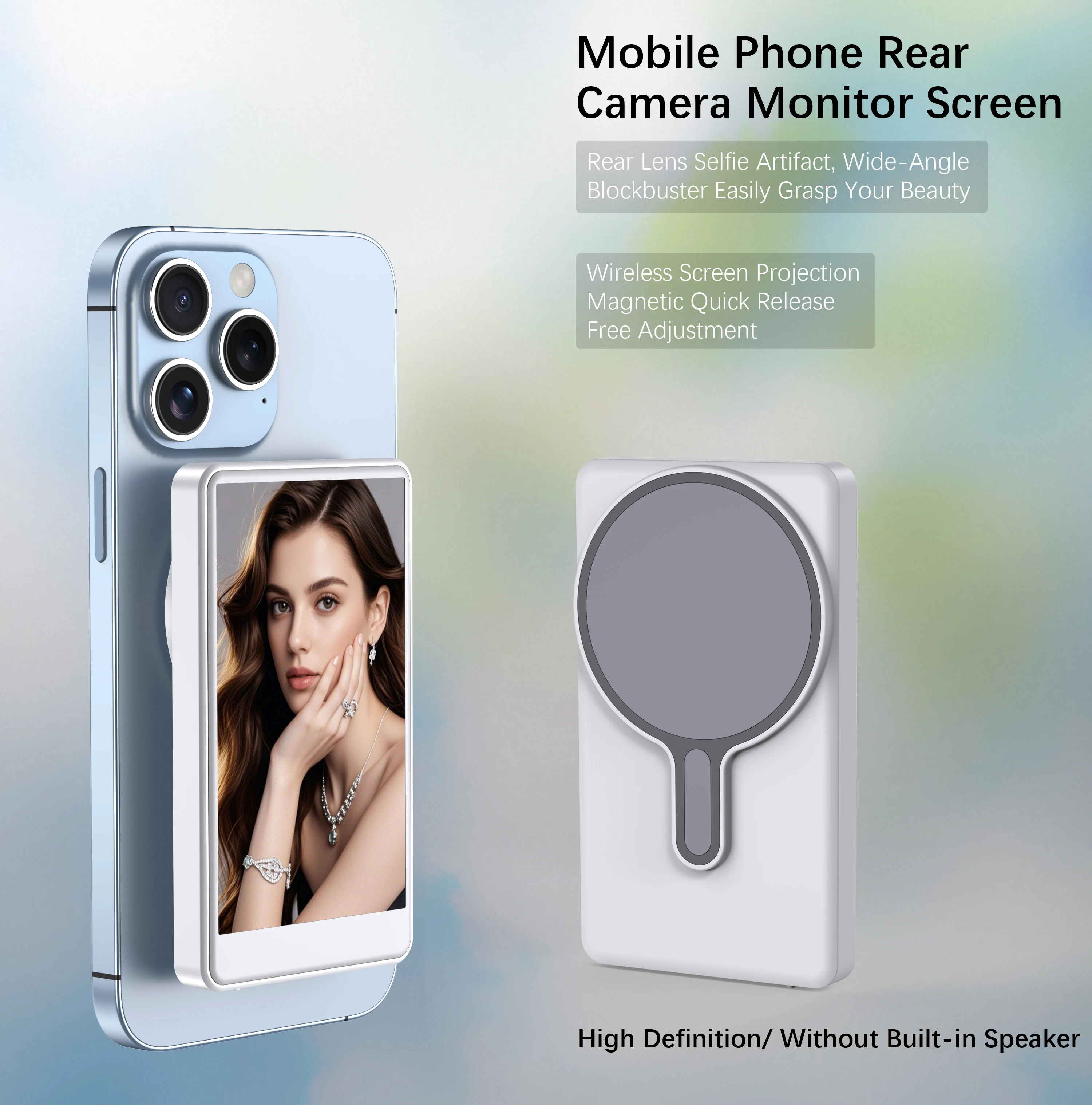 شاشة مراقبة سيلفي Vlog للهاتف، كاميرا خلفية لـ Selfie Vlog Live Stream، حامل مغناطيسي لـ MagSafe، اتصال لاسلكي مع