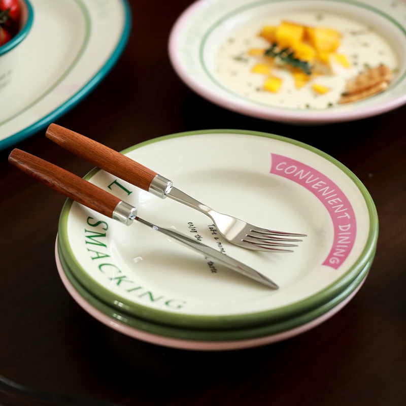 مجموعة أدوات المائدة الخزفية طبق عشاء وعاء الأرز أطباق لطيف بسيط إلكتروني الطباعة طبق مستدير أدوات المائدة المنزلية حفلة دفئا هدية #5