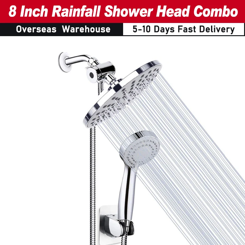 Rainfall Shower Head Combo 8 Inch Rain Showerhead 3-Setting Handheld Showerhead Hose Bracket High Pressure Shower Head Combo