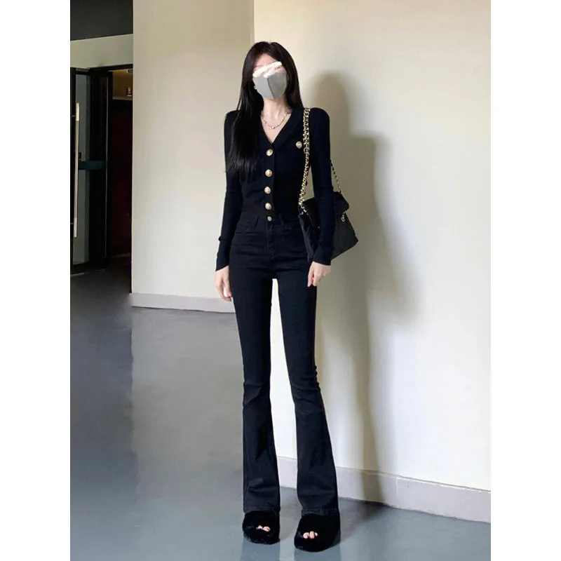 

High Waist Flared Jeans Women's Stretchy Floor-Length Slimming Spring Elastic Bootcut Denim Pants Black Long Trousers