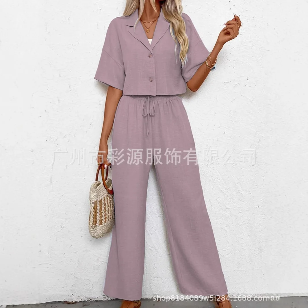 Suit Womens Set Summer Women's Lapel Button-down Single-breasted Short-sleeved Shirt Drawstring Wide-leg Trousers Two-piece Set