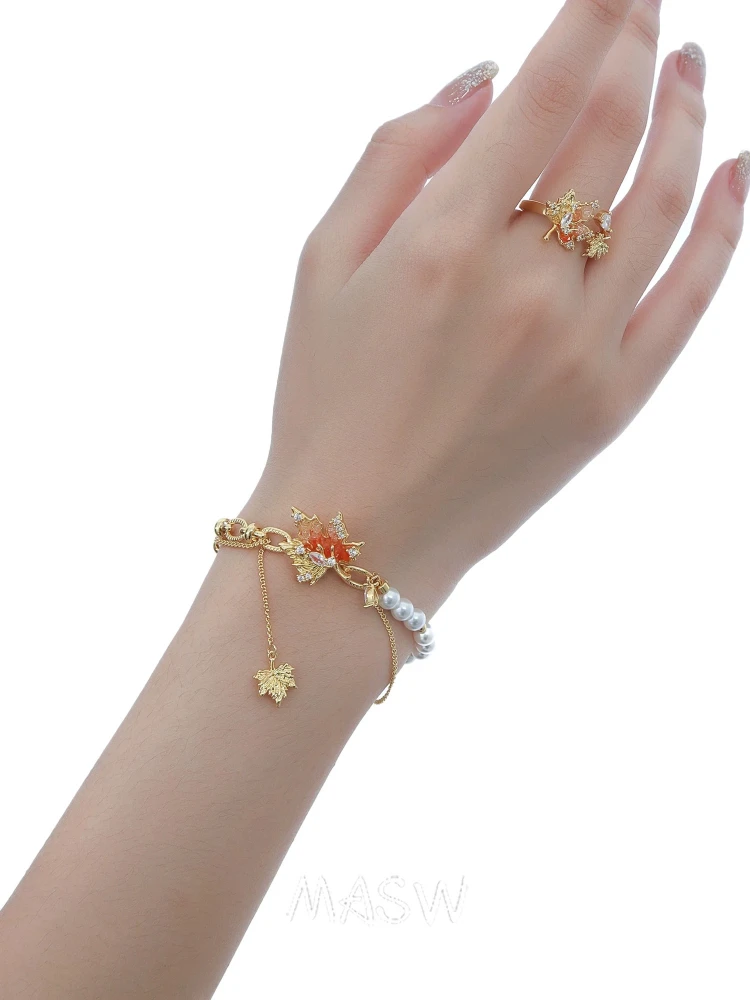 MASW Original Design Temperament Maple Leaf  Simulated Pearl Bracelet For Women Girl Fine Accessories Fashion Jewelry