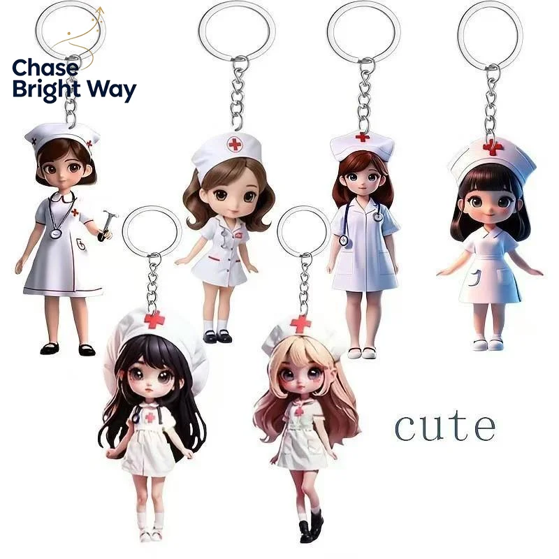 2D Flat Cartoon Doctor Nurse Keychain 1Pcs Acrylic Cute Figurine Pendant Portable Bag Charm for Medical Workers Souvenir