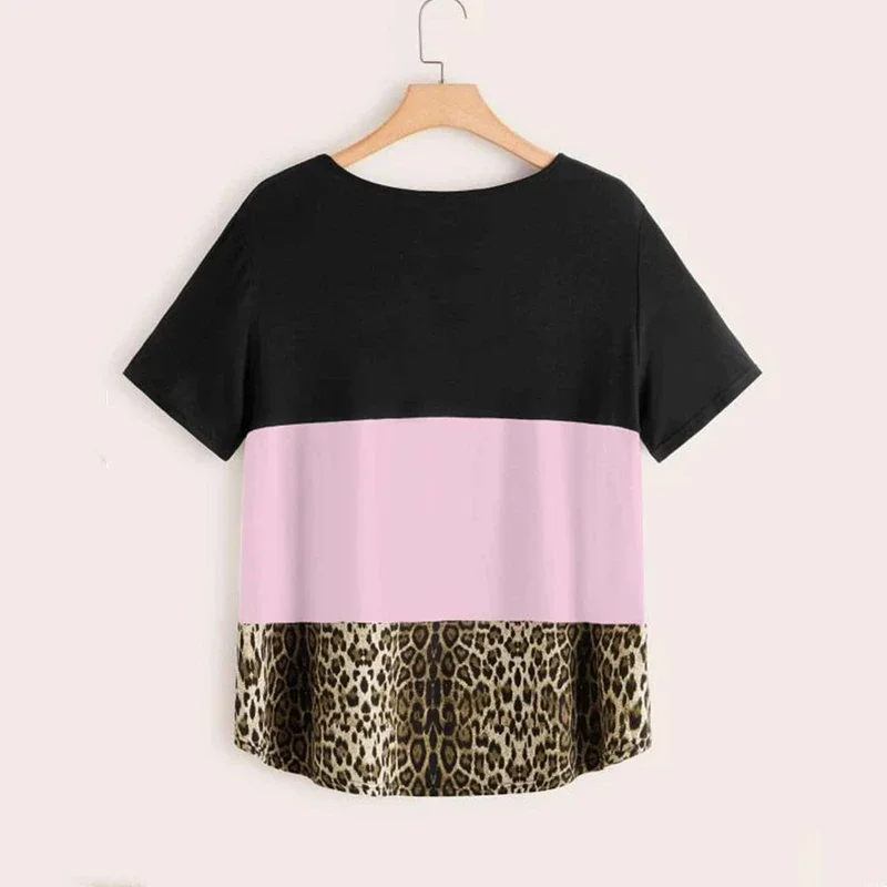 Plus Size Casual T-shirt Women 4XL 5XL 6XL Color Blocked Pocket Front Loose Summer Tops Ladies Large Size Leopard Tee 7XL 8XL