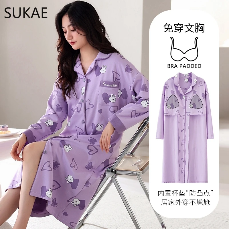 SUKAE Bra Padded Sleepshirts M-5XL Plus Size Cotton Nightgowns Autumn Winter Women Long Sleeves Nightgown V-neck Nightdress