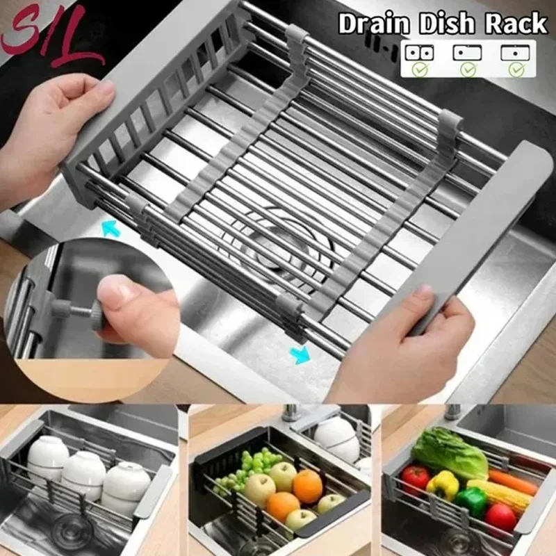 Adjustable Dish Drainer Stainless Steel Extendable Sink Drain Rack Fruit Drain Organizing Basket Tableware Rack for Kitchen Tool