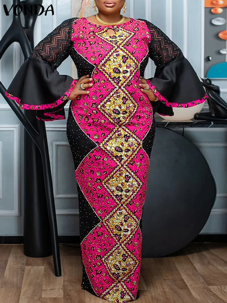 

Plus Size VONDA 2024 Autumn Women Printed Maxi Dress Fashion Elegant Lace Patchwork Flare Sleeve Party Sundress Loose Vestido