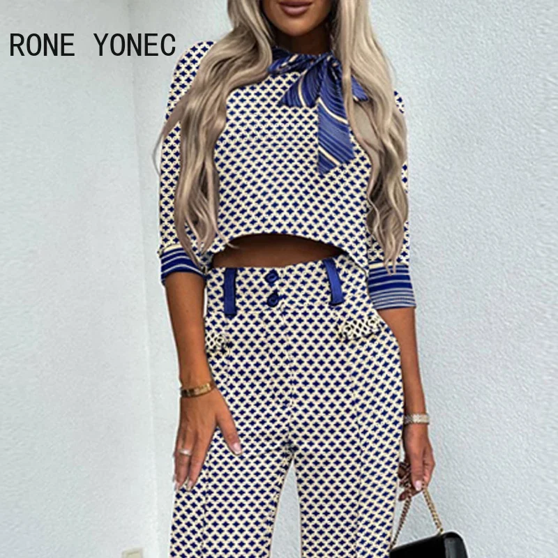 Women Fashion Half Long Sleeves Scarf Collar Top & Bottoms Straight Formal Working Pants Sets