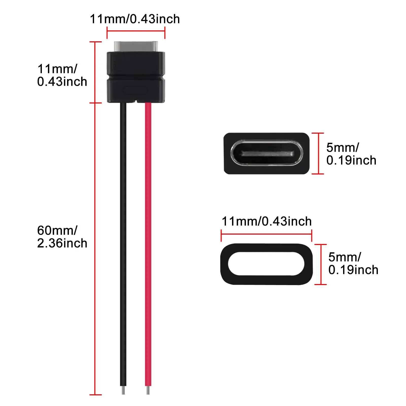 5/10pcs USB Connector Type-C Female Chassis 2 Pin for DIY, 2.5A 5V Female Chassis 2P Solder Wire Type USB C Pigtail Cable